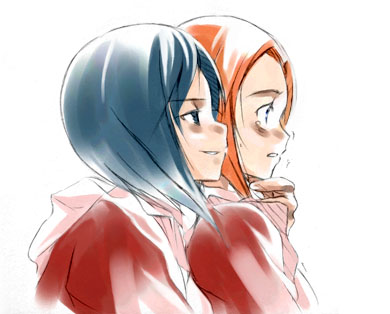 watase (owari), watase yukito, miya clochette, tomoe marguerite, my-otome, lowres, 00s, 2girls, asymmetrical hair, blue eyes, blue hair, from side, multiple girls, orange hair, parted lips, simple background, smile, smirk, sweatdrop, tears, teeth, upper body, white background, wide-eyed