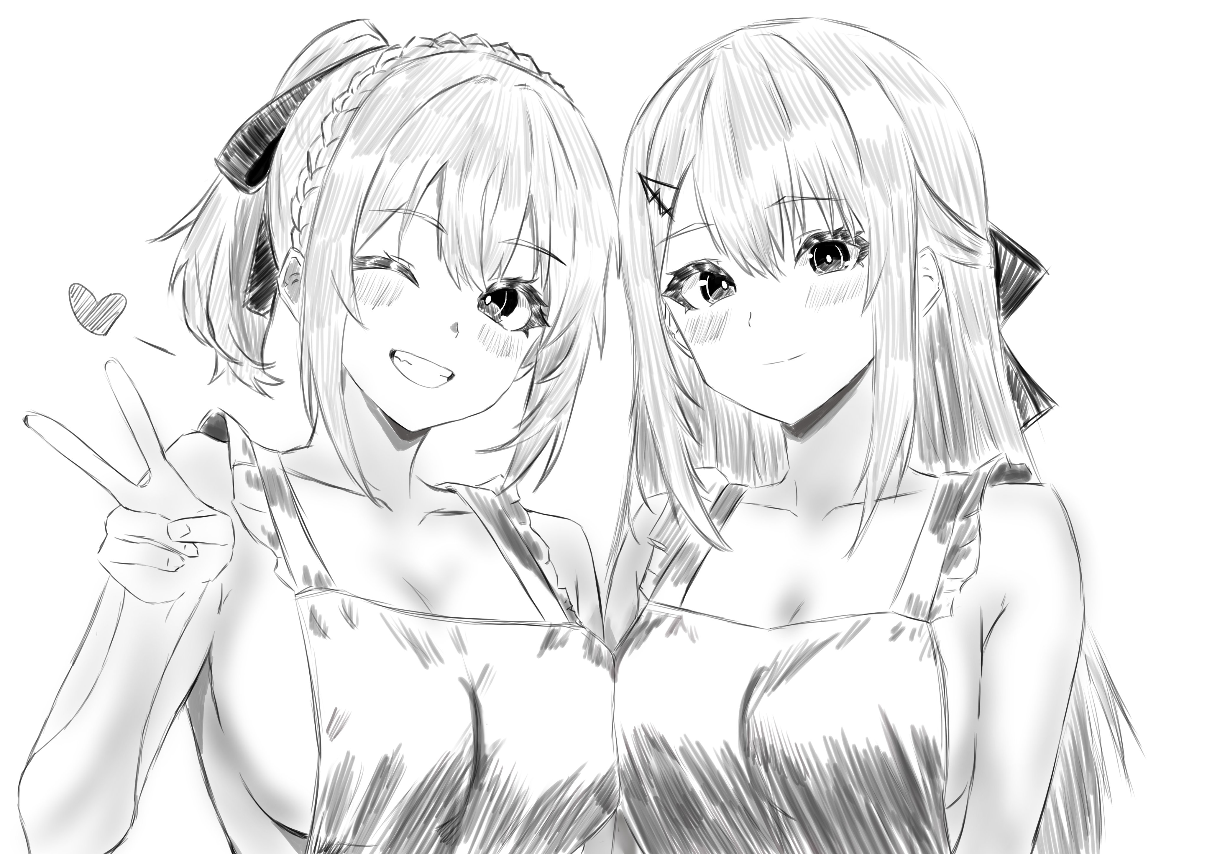mothinus, fujino shiroha, suo kazusa, nue no onmyouji, absurdres, highres, 2girls, apron, blush, braid, crown braid, grin, hair between eyes, hair ornament, hair ribbon, hairpin, heart, long hair, monochrome, multiple girls, naked apron, one eye closed, ponytail, ribbon, short ponytail, sketch, smile, v