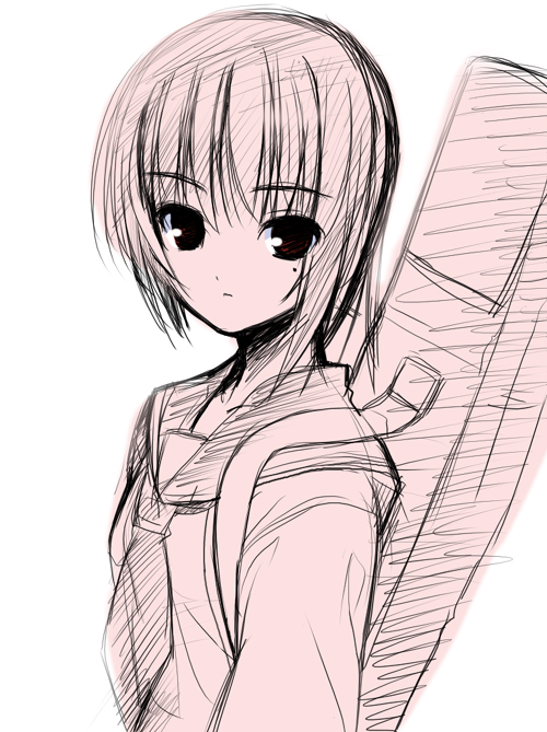 r-type nirvana, kashiwaba tomoe, rozen maiden, 00s, 1girl, female focus, looking at viewer, mole, mole under eye, monochrome, necktie, red eyes, school uniform, short hair, simple background, solo, upper body, weapon bag, white background