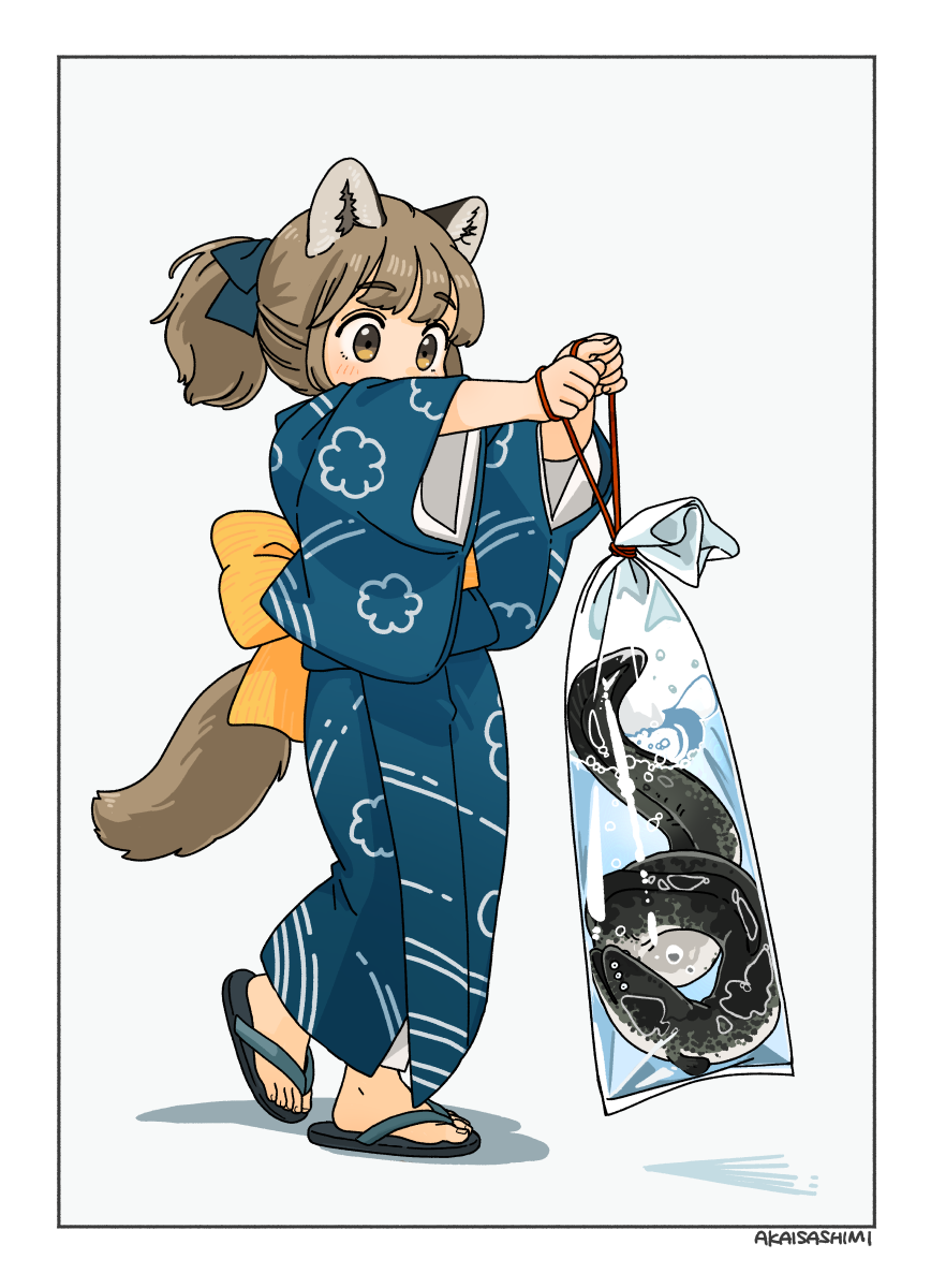 akai sashimi, original, commentary, highres, 1girl, animal ears, bag, bagged fish, black sandals, blue kimono, blue ribbon, blush, border, brown hair, fish, full body, grey background, hair ribbon, holding, japanese clothes, kimono, long sleeves, obi, ponytail, raccoon ears, raccoon girl, raccoon tail, ribbon, sandals, sash, short hair, signature, simple background, solo, standing, tail, white border, wide sleeves, yellow sash, yukata