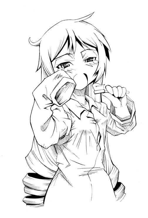 buchi maru, suiseiseki, rozen maiden, 00s, 1girl, female focus, greyscale, long hair, monochrome, solo, toothbrush, very long hair