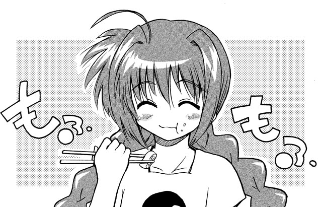 ooshiro youkou, vita (nanoha), lyrical nanoha, mahou shoujo lyrical nanoha, mahou shoujo lyrical nanoha a's, 00s, 1girl, ahoge, blush, braid, chopsticks, closed eyes, collarbone, eating, female focus, food, food on face, greyscale, long hair, monochrome, shirt, short sleeves, smile, solo, t-shirt, twin braids, upper body, very long hair