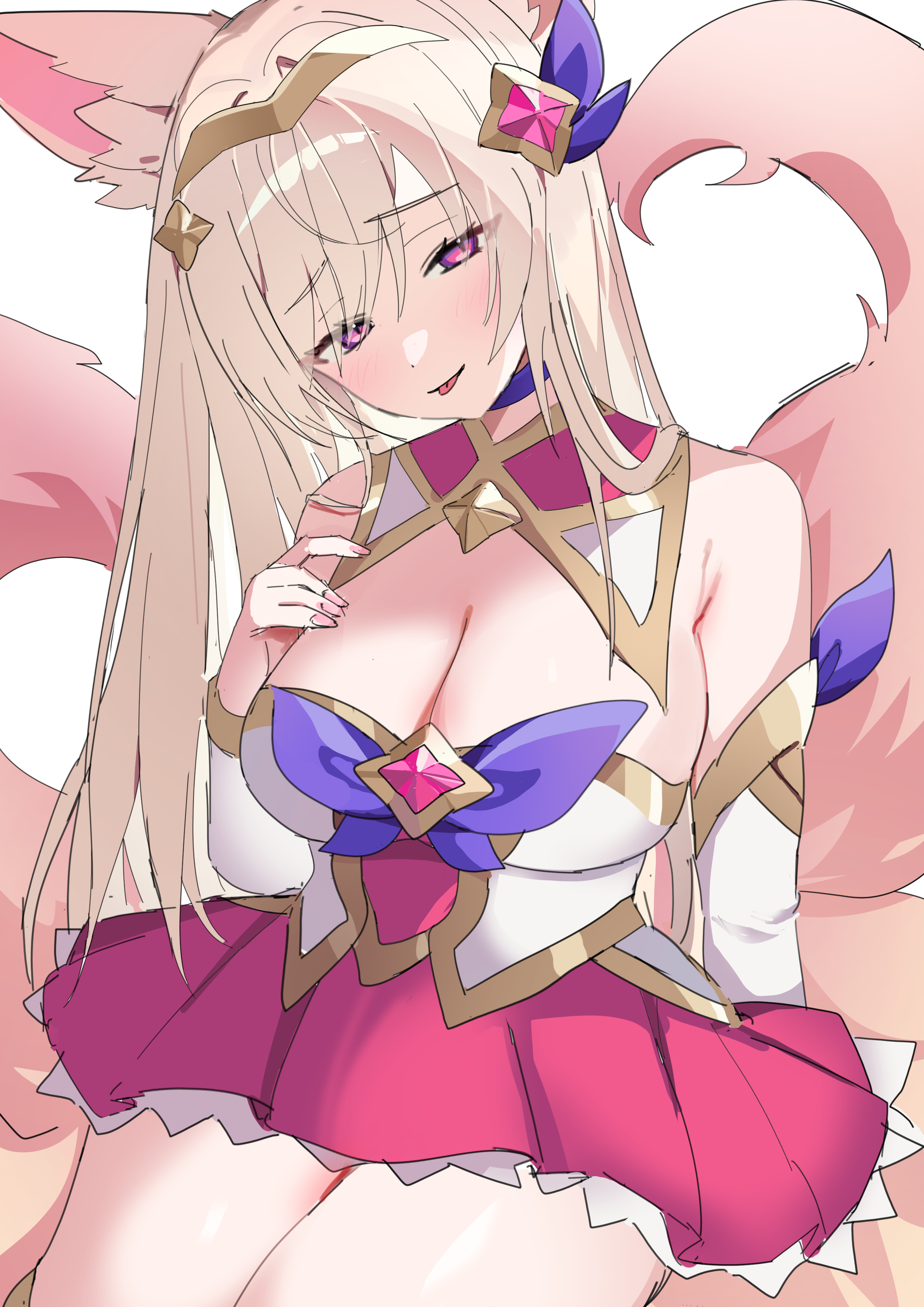 pelicana, ahri (league of legends), star guardian (league of legends), star guardian ahri, league of legends, absurdres, commentary, highres, symbol-only commentary, 1girl, animal ear fluff, animal ears, blonde hair, blush, breasts, choker, cleavage, collar, detached collar, detached sleeves, dress, fox ears, fox girl, fox tail, gold hairband, hair ornament, hairband, hand on own chest, kitsune, kyuubi, large breasts, long hair, looking at viewer, magical girl, multiple tails, official alternate costume, official alternate hair color, official alternate hairstyle, pink eyes, purple choker, simple background, solo, star (symbol), star hair ornament, straight hair, tail, thighs, tongue, tongue out, white background
