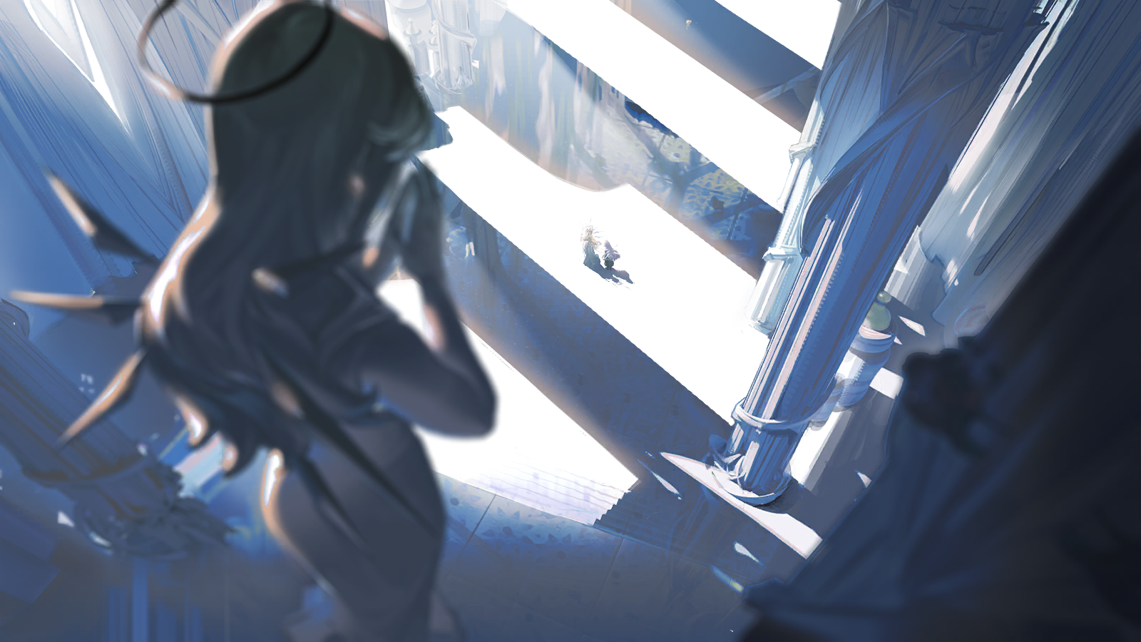lemuen (arknights), arknights, game cg, highres, official art, third-party source, 2girls, cephas (arknights), column, detached wings, from above, halo, indoors, long hair, multiple girls, pillar, praying, reflection, reflective floor, shadow, stairs, statue, very long hair, very wide shot, wings