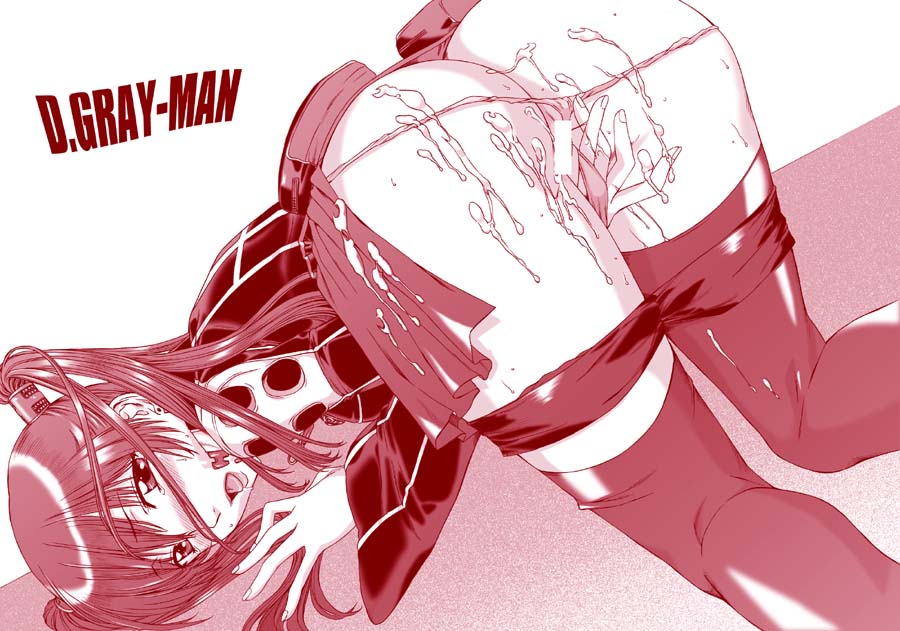 hanzaki jirou, lenalee lee, d.gray-man, 00s, 1girl, bent over, censored, clothes lift, cum, cum in pussy, dutch angle, female focus, female masturbation, fingering, from behind, long hair, looking at viewer, looking back, masturbation, monochrome, panties, panty pull, pussy, saliva, skirt, skirt lift, smile, solo, thighhighs, twintails, underwear