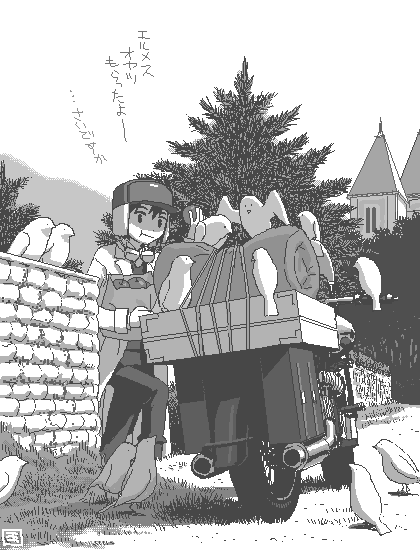 ouya (maboroshimori), hermes (kino no tabi), kino (kino no tabi), kino no tabi, luggage, vehicle, 00s, 1girl, :t, androgynous, bird, female focus, fur hat, greyscale, groceries, hat, kinonotabi, monochrome, motor vehicle, motorcycle, outdoors, pixel art, reverse trap, solo, tomboy