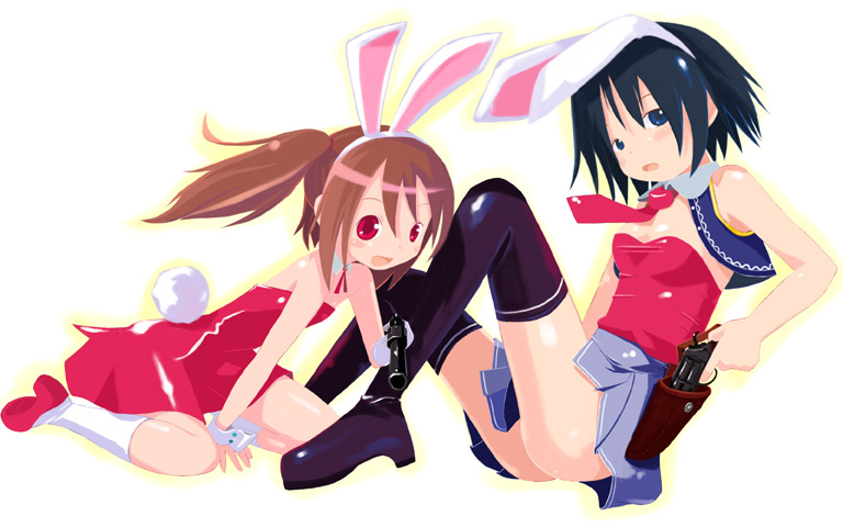 shiba yuusuke, original, 2girls, animal ears, finger on trigger, gun, handgun, holster, legs, multiple girls, ponytail, rabbit ears, red eyes, revolver, short hair, skirt, tail, thighhighs, weapon