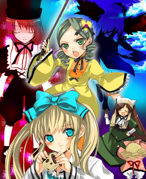 hinaichigo, kanaria, souseiseki, suigintou, suiseiseki, rozen maiden, suigetsu, 00s, 6+girls, blonde hair, blue hair, blue sky, blush, brown hair, closed eyes, cookie, dress, drill hair, everyone, food, green hair, hat, headscarf, index finger raised, long hair, long sleeves, looking at viewer, multiple girls, sky, stick, teeth, top hat, twin drills, very long hair