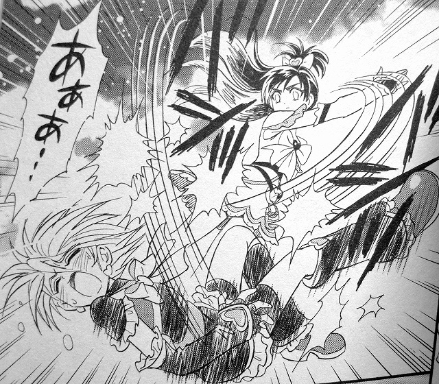 cure black, cure white, misumi nagisa, yukishiro honoka, futari wa precure, precure, 00s, 2girls, brooch, earrings, empty eyes, greyscale, half updo, heart, heart brooch, jewelry, long hair, magical girl, monochrome, multiple girls, short hair, slapping, violence