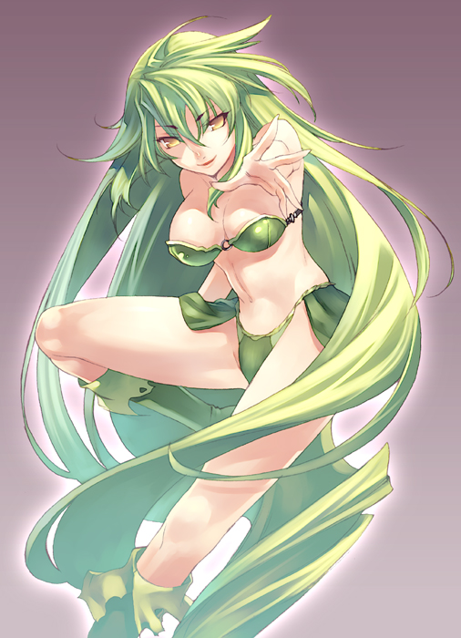 hirano katsuyuki, barbariccia, final fantasy, final fantasy iv, 1990s (style), 1girl, absurdly long hair, armor, armored boots, bikini, bikini armor, boots, bra, fantasy, female focus, fighting stance, green bikini, green boots, green hair, green panties, green theme, knee boots, leg lift, legs, lingerie, long hair, long legs, panties, retro artstyle, solo, swimsuit, thighs, underwear, very long hair, yellow eyes