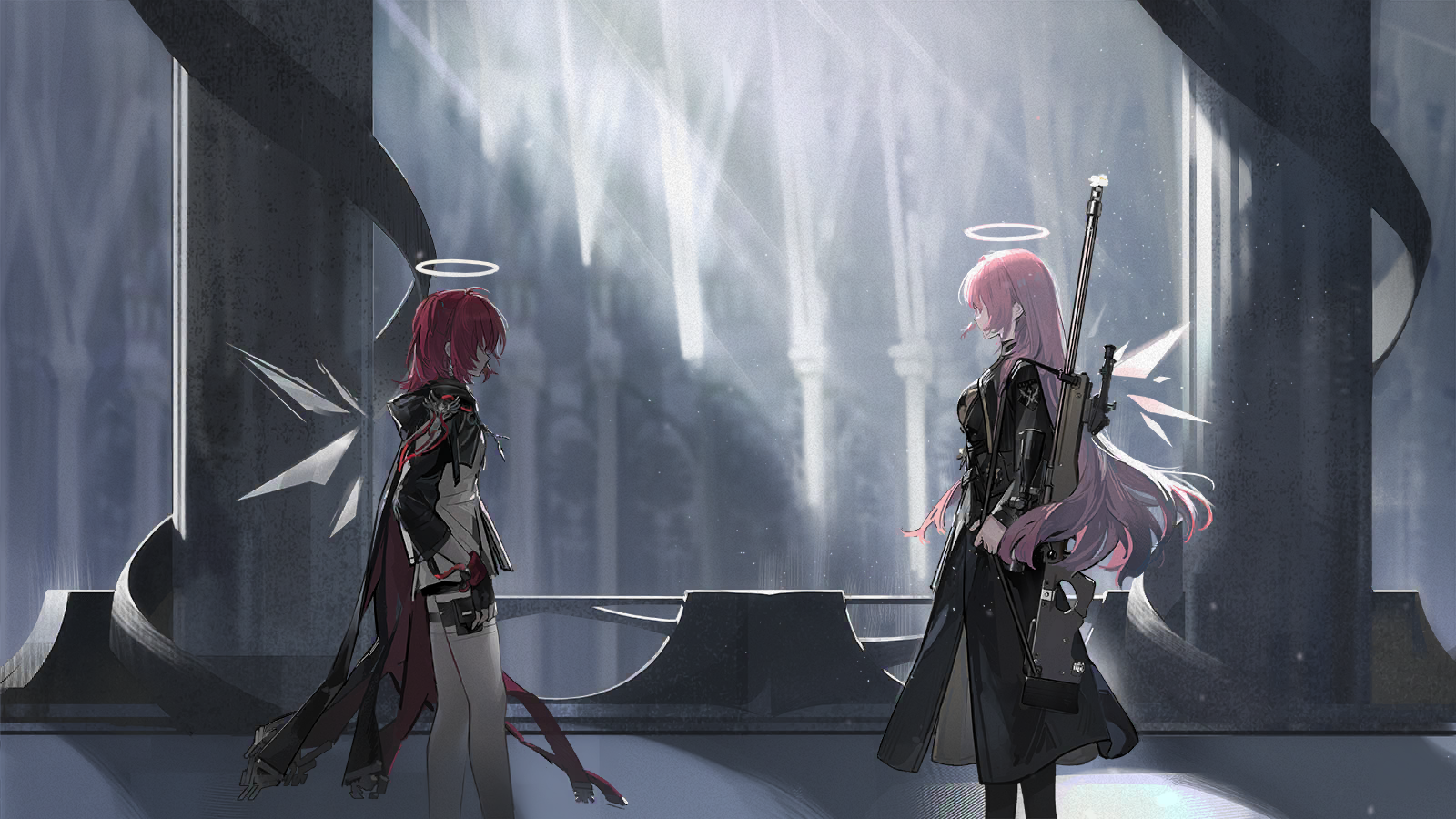 exusiai (arknights), exusiai the new covenant (arknights), lemuen (arknights), arknights, game cg, highres, official art, third-party source, 2girls, ai arctic warfare, black cape, black dress, black jacket, bolt action, cape, dress, flower in gun, gun, hallway, holding, holding gun, holding weapon, hood, hooded jacket, indoors, jacket, long dress, long hair, long sleeves, looking at another, medium hair, multiple girls, pink hair, red hair, rifle, siblings, sisters, sniper rifle, standing, thighhighs, two-sided cape, two-sided fabric, very long hair, weapon, white thighhighs