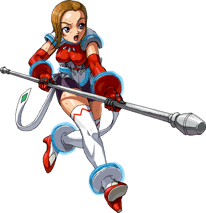 nigou, miya clochette, my-otome, 00s, brown hair, elbow gloves, gloves, solo, staff, sweat, thighhighs, thighs