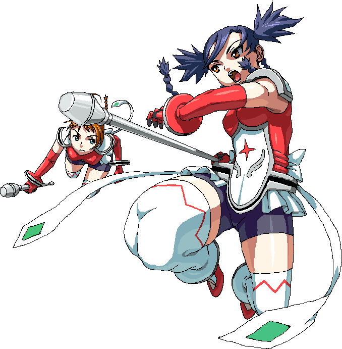 nigou, arika yumemiya, nina wang, my-otome, white legwear, 00s, 2girls, bike shorts, black shorts, blue hair, bodysuit, braid, brown hair, elbow gloves, full body, gloves, green eyes, looking at another, multiple girls, open mouth, orange eyes, over-kneehighs, red gloves, red shirt, shirt, shorts, shoulder pads, simple background, staff, thighhighs, twin braids, two side up, white background