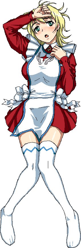 nigou, erstin ho, my-otome, long image, tall image, 00s, 1girl, :o, blonde hair, blush, breasts, female focus, garderobe uniform, green eyes, large breasts, long sleeves, lying, maid, oekaki, on back, open mouth, short hair, simple background, solo, thighhighs, white background, zettai ryouiki