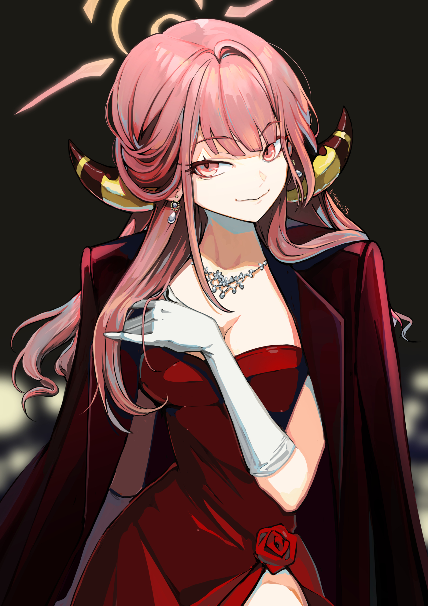eudetenis, aru (blue archive), aru (dress) (blue archive), blue archive, highres, 1girl, coat, coat on shoulders, demon girl, demon horns, dress, elbow gloves, flower, gloves, halo, horns, jewelry, long hair, looking at viewer, necklace, red dress, red eyes, red flower, red hair, red rose, rose, solo, white gloves