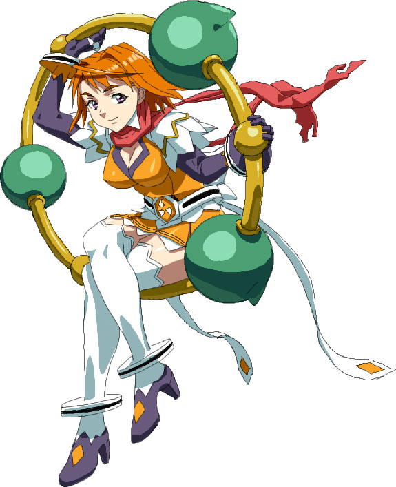 nigou, tokiha mai, my-otome, 00s, 1girl, breasts, cleavage, crossed legs, female focus, full body, high heels, orange hair, orange shirt, red scarf, scarf, shirt, shoes, short hair, simple background, sitting, smile, solo, thighhighs, white background, white thighhighs, zettai ryouiki