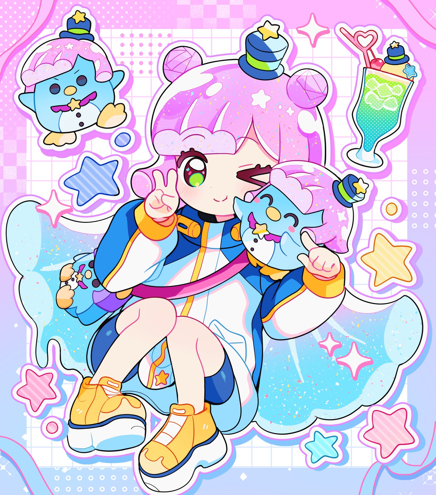 shirocha tei, puniru (puniru wa kawaii slime), puniru wa kawaii slime, commentary request, highres, > o, 1girl, ;), bendy straw, blue hair, blue hat, blue shorts, blunt bangs, blush, border, closed mouth, cup, double bun, drinking glass, drinking straw, full body, green eyes, grid background, hair bun, hat, long hair, long sleeves, looking at viewer, melon soda, mini hat, monster girl, multicolored hair, one eye closed, outline, outside border, pink border, pink hair, shirt, shoes, shorts, slime girl, smile, solo, star (symbol), top hat, two-tone hair, very long hair, white background, white outline, white shirt, yellow shoes