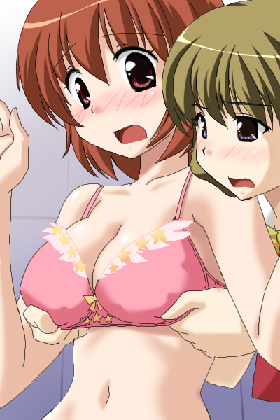 shikato miyo, kurusu tomari, osaragi hazumu, kashimashi, 00s, 2girls, blonde hair, blush, bra, breasts, brown eyes, brown hair, cleavage, female focus, grabbing another's breast, groping, large breasts, lingerie, midriff, multiple girls, open mouth, purple eyes, short hair, underwear