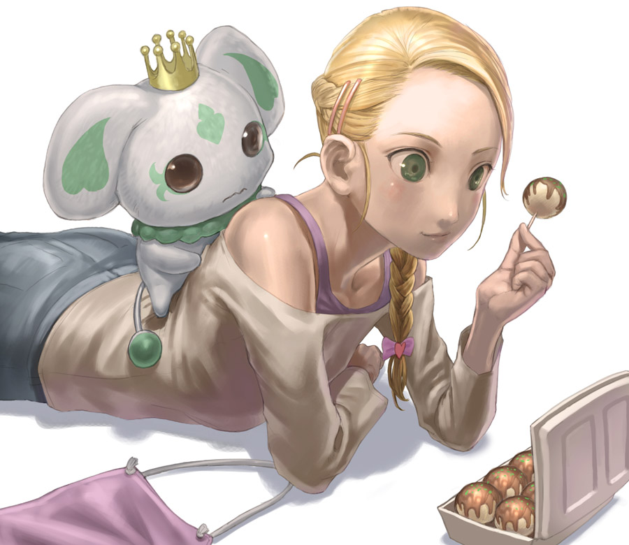 nao (artist), kujou hikari, porun, futari wa precure, futari wa precure max heart, precure, 00s, 1girl, blonde hair, creature, crown, food, green eyes, hat, long hair, takoyaki, white background
