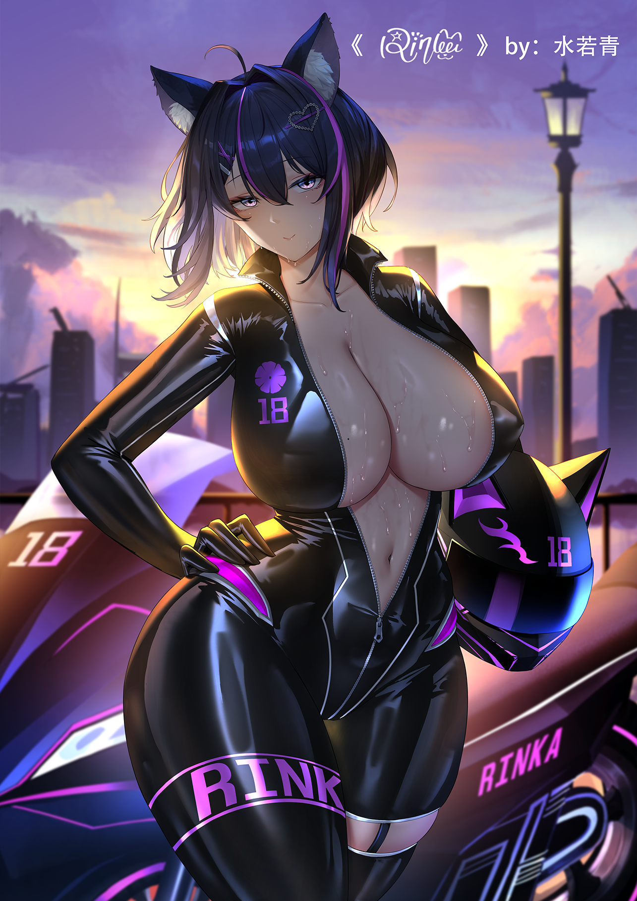 shuiruoqing, original, commission, highres, 1girl, ahoge, animal ears, artist name, biker clothes, bikesuit, black bodysuit, black hair, blush, bodysuit, breasts, cat ears, city, cleavage, collarbone, hair ornament, hand on own hip, heart, heart hair ornament, helmet, holding, holding unworn helmet, large breasts, looking at viewer, motor vehicle, motorcycle, motorcycle helmet, multicolored hair, navel, open bodysuit, open clothes, purple eyes, purple hair, shiny skin, short hair, sky, solo, standing, streaked hair, sweat, unworn headwear, unworn helmet, unzipped, zipper
