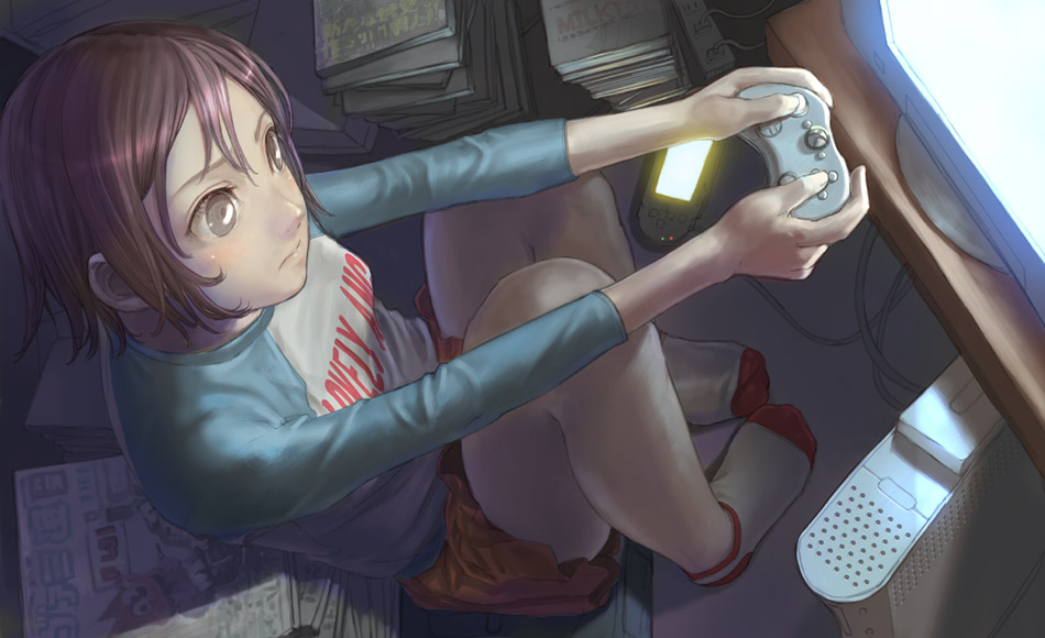nao, nao (artist), xbox360, 1girl, bob cut, brown eyes, brown hair, female focus, game console, handheld game console, playing games, playstation portable, raglan sleeves, short hair, shorts, socks, solo, video game, xbox 360