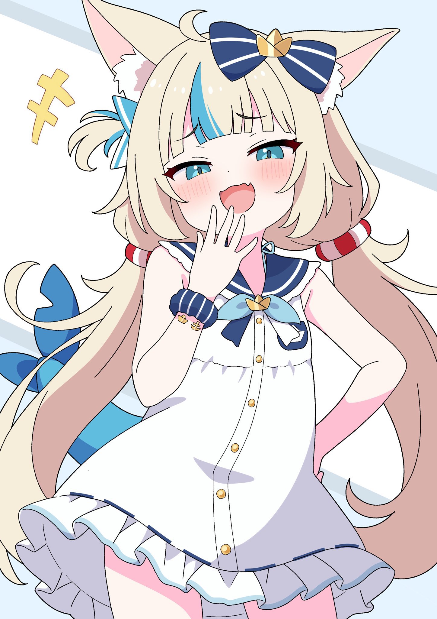yuu-kun (inugamikenoy), sameko saba, indie virtual youtuber, hashtag-only commentary, highres, +++, 1girl, :d, ahoge, animal ear fluff, animal ears, bare shoulders, blonde hair, blue bow, blue sailor collar, blue streaks, blunt bangs, blush, bow, buttons, cat ears, cowboy shot, dress, fang, fins, fish girl, fish tail, frilled dress, frilled sailor collar, frills, green eyes, hair bow, hand on own hip, hand up, lifebuoy hair ornament, long hair, looking at viewer, low twintails, multicolored hair, one side up, open mouth, sailor collar, skin fang, sleeveless, sleeveless dress, smile, solo, streaked hair, tail, twintails, virtual youtuber, white dress