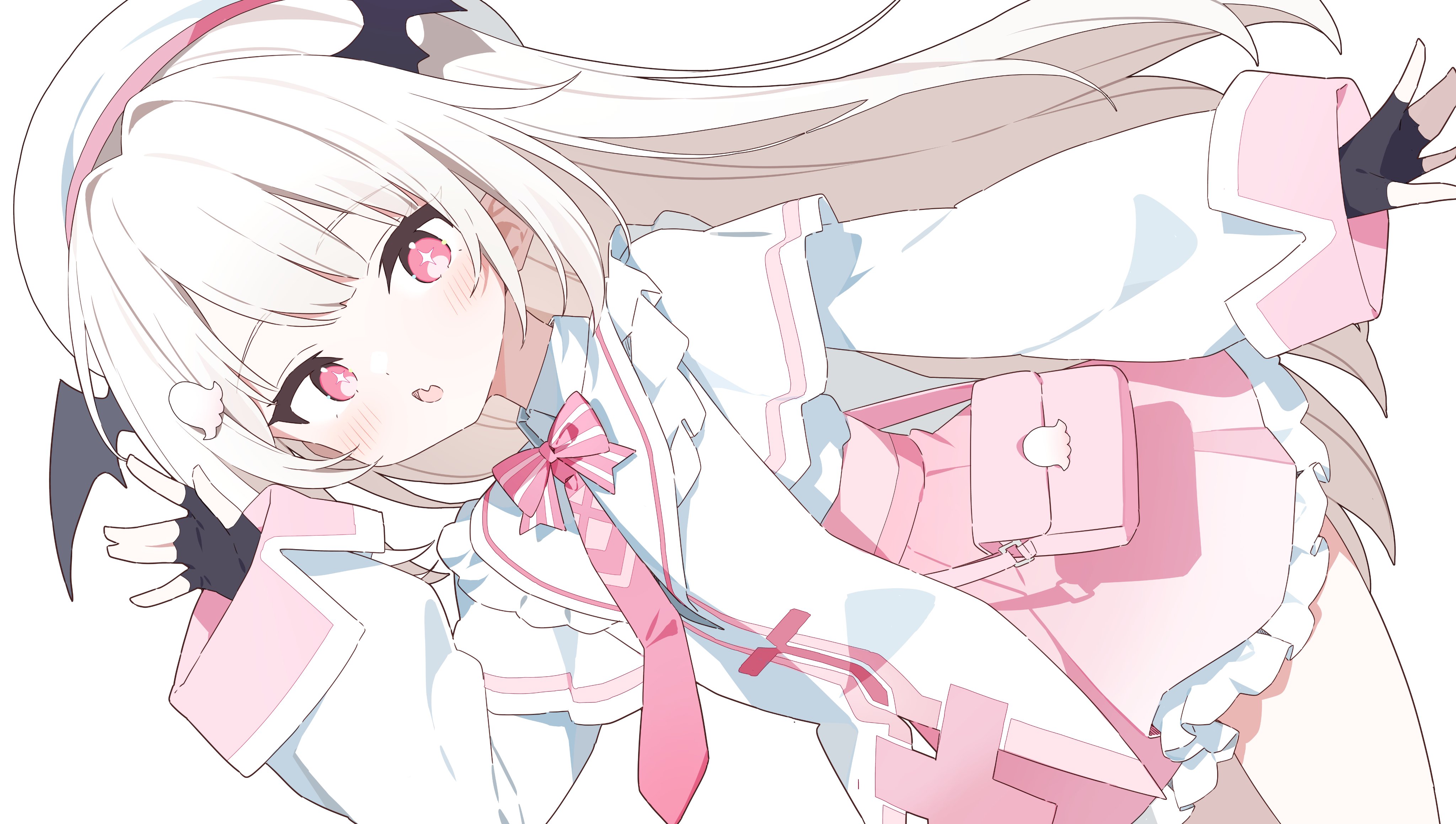 urotsuki (ku9625), original, absurdres, commentary, commission, highres, skeb commission, + +, 1girl, :o, bag, black gloves, blonde hair, blush, bow, bowtie, capelet, collared shirt, cowboy shot, fingerless gloves, frilled skirt, frills, gloves, hair ornament, hand up, hat, head wings, long hair, long sleeves, looking at viewer, necktie, open mouth, pink bow, pink bowtie, pink eyes, pink necktie, pink skirt, shirt, simple background, skirt, solo, striped bow, striped bowtie, striped clothes, white background, white capelet, white hat, white shirt, wings