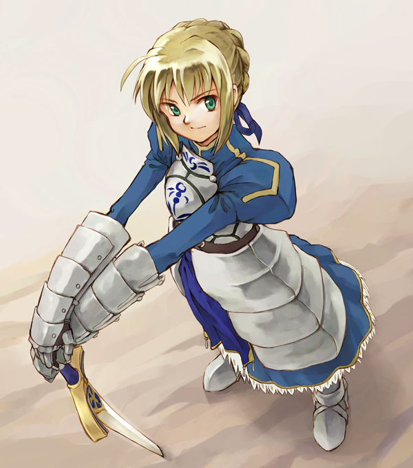 yukihashi, artoria pendragon (fate), saber (fate), fate/stay night, fate (series), 00s, 1girl, armor, armored dress, dress, excalibur (fate/stay night), faulds, female focus, gauntlets, hands on hilt, planted, planted sword, planted weapon, solo, sword, weapon