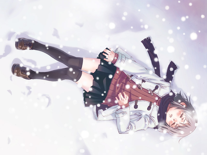 nyaou, original, closed eyes, miniskirt, sad, sad girl in snow, scarf, skirt, snow, snowing, socks, solo, sweater, thighhighs, zettai ryouiki