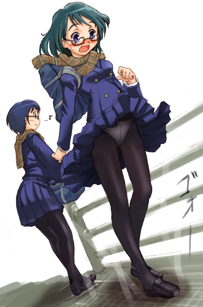 sorapi, original, black legwear, highres, 2girls, blue eyes, blue hair, blush, crotch seam, glasses, green hair, multiple girls, musical note, panties, panties under pantyhose, pantyhose, pantyshot, plaid clothes, plaid scarf, pleated skirt, quaver, scarf, school uniform, serafuku, skirt, standing, underwear, wind, wind lift, winter