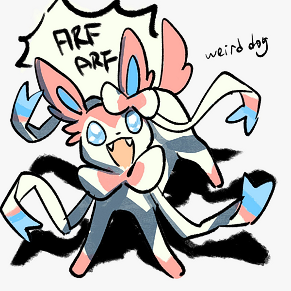 jen (aaasylum), sylveon, nintendo, pokemon, blue eyes, fangs, gen 6 pokemon, happy, looking up, no humans, open mouth, pokemon (creature), pokemon focus, solo, speech bubble, standing