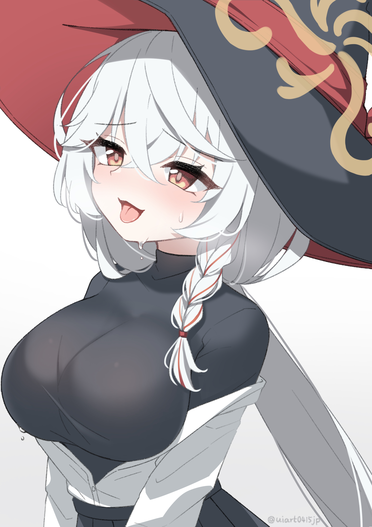 umou (may65879), eri (blue archive), blue archive, blush, bow, bowtie, braid, breasts, halo, hat, large breasts, long hair, open clothes, open shirt, orange eyes, panties, shirt, shirt partially removed, skirt, sweat, sweater, tongue, tongue out, underwear, upskirt, white hair, witch hat