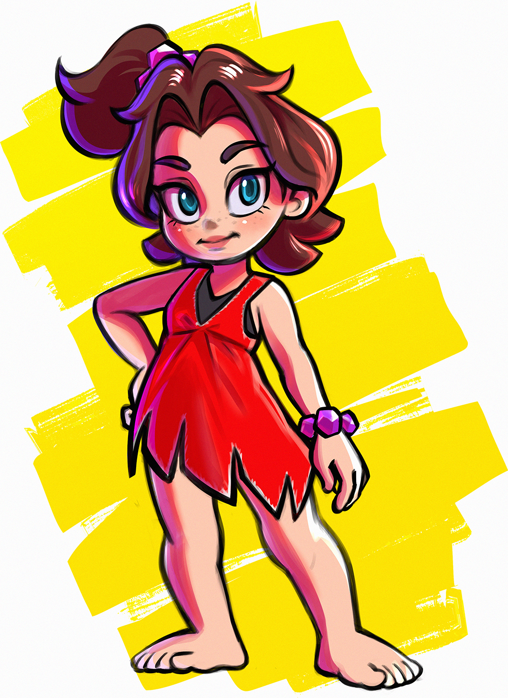 pauline (mario), pauline (young) (mario), donkey kong (series), donkey kong bananza, nintendo, artist request, highres, 1girl, aged down, arm at side, armpit crease, bare shoulders, barefoot, blue eyes, bottomless, bracelet, brown hair, curtained hair, eyelashes, feet, female focus, flat chest, freckles, full body, hair intakes, hair ornament, hand on own hip, jewelry, knees, legs, lips, looking at viewer, medium hair, naked shirt, neck, parted bangs, red shirt, shiny skin, shirt, side ponytail, sidelocks, sleeveless, sleeveless shirt, smile, standing, thick eyebrows, thighs, toes, topknot, undershirt, v-neck