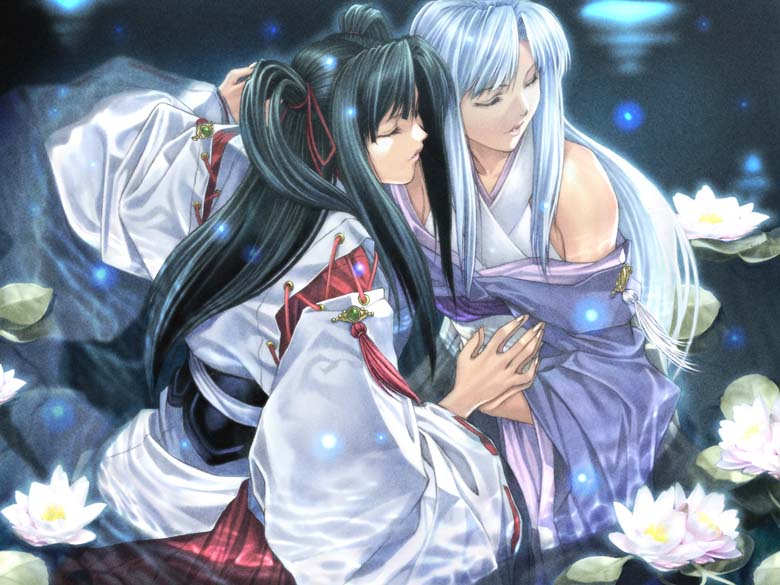 homare (fool's art), yuuki sayo, alfa system, shikigami no shiro, shikigami no shiro iii, taito, 2girls, ||/, bare shoulders, black hair, blue hair, closed eyes, dual persona, fingernails, flower, from above, from behind, holding hands, japanese clothes, kimono, lily pad, lips, long hair, lotus, multiple girls, off shoulder, parted bangs, parted lips, ribbon-trimmed sleeves, ribbon trim, tassel, two side up, wading, water, water lily flower