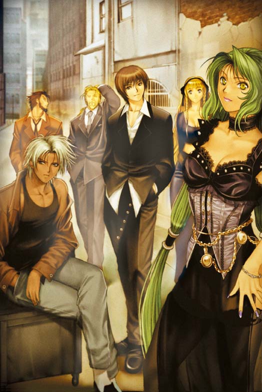 homare (fool's art), anolegos dundeon, arala cran, fai aja, horiguchi yukari, kuga shintarou, say aja, shintaro kuga, yukari horiguchi, alfa system, shikigami no shiro, shikigami no shiro ii, 2girls, 4boys, beard, blonde hair, braid, breasts, brown hair, cleavage, dress, facial hair, green hair, jewelry, lips, lipstick, long hair, makeup, multiple boys, multiple girls, shoes, very long hair, white hair, yellow eyes
