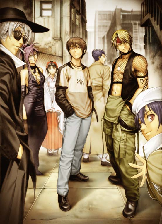 homare (fool's art), fumiko odette vanstein, gennojo hyuga, hyuuga gennojou, kim de john, kohtarou kuga, kuga koutarou, niigi gorgeous blue, roger sasuke, yuuki sayo, alfa system, shikigami no shiro, shikigami no shiro ii, 3girls, 4boys, black hair, blonde hair, bow, breasts, brown hair, cigarette, cleavage, denim, dress, fishnets, glasses, hair bow, hat, headband, japanese clothes, jeans, multiple boys, multiple girls, pants, porkpie hat, purple hair, shoes, standing, white hair