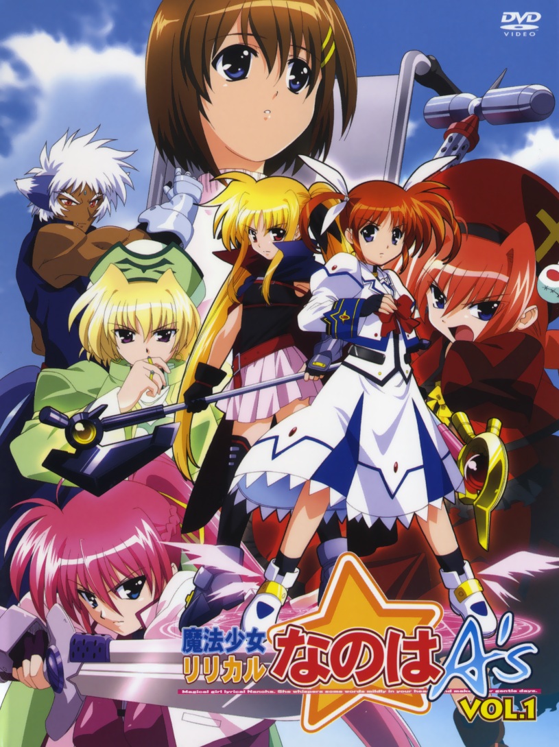 okuda yasuhiro, bardiche (device form) (nanoha), bardiche (nanoha), fate testarossa, fate testarossa (lightning form), graf eisen, klarwind, laevatein (nanoha), raising heart, raising heart (device mode), shamal, signum, takamachi nanoha, takamachi nanoha (sacred mode), vita (nanoha), yagami hayate, zafira, lyrical nanoha, mahou shoujo lyrical nanoha, mahou shoujo lyrical nanoha a's, winged footwear, 00s, 1boy, 6+girls, animal ears, axe, belt, blonde hair, blue eyes, blue sky, bow, braid, cape, copyright name, cover, dark-skinned male, dark skin, day, dress, dvd cover, earrings, everyone, familiar, fingerless gloves, gauntlets, gloves, hair ornament, hair ribbon, hairclip, hat, jacket, jewelry, looking at viewer, magazine (weapon), magic circle, magical boy, magical girl, multiple girls, open clothes, open jacket, parted lips, pink hair, polearm, ponytail, purple eyes, red bow, red hair, ribbon, shoes, sidelocks, single fingerless glove, single glove, skull hair ornament, sky, socks, staff, sword, tail, twin braids, twintails, two side up, wand, weapon, wheelchair, white hair, wings, wolf ears, wolf tail