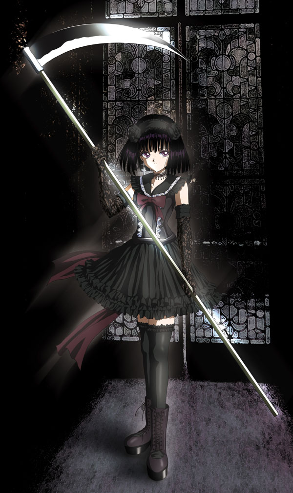 hino ryutaro, tomoe hotaru, bishoujo senshi sailor moon, 1990s (style), 1girl, alternate costume, black dress, black flower, black hair, black rose, black theme, black thighhighs, bob cut, boots, bow, choker, cross, dress, earrings, elbow gloves, female focus, flower, frilled thighhighs, frills, full body, gloves, goth fashion, gothic lolita, headdress, jewelry, lace, latin cross, lolita fashion, purple eyes, retro artstyle, rose, scythe, short hair, solo, stained glass, thighhighs, weapon, zettai ryouiki