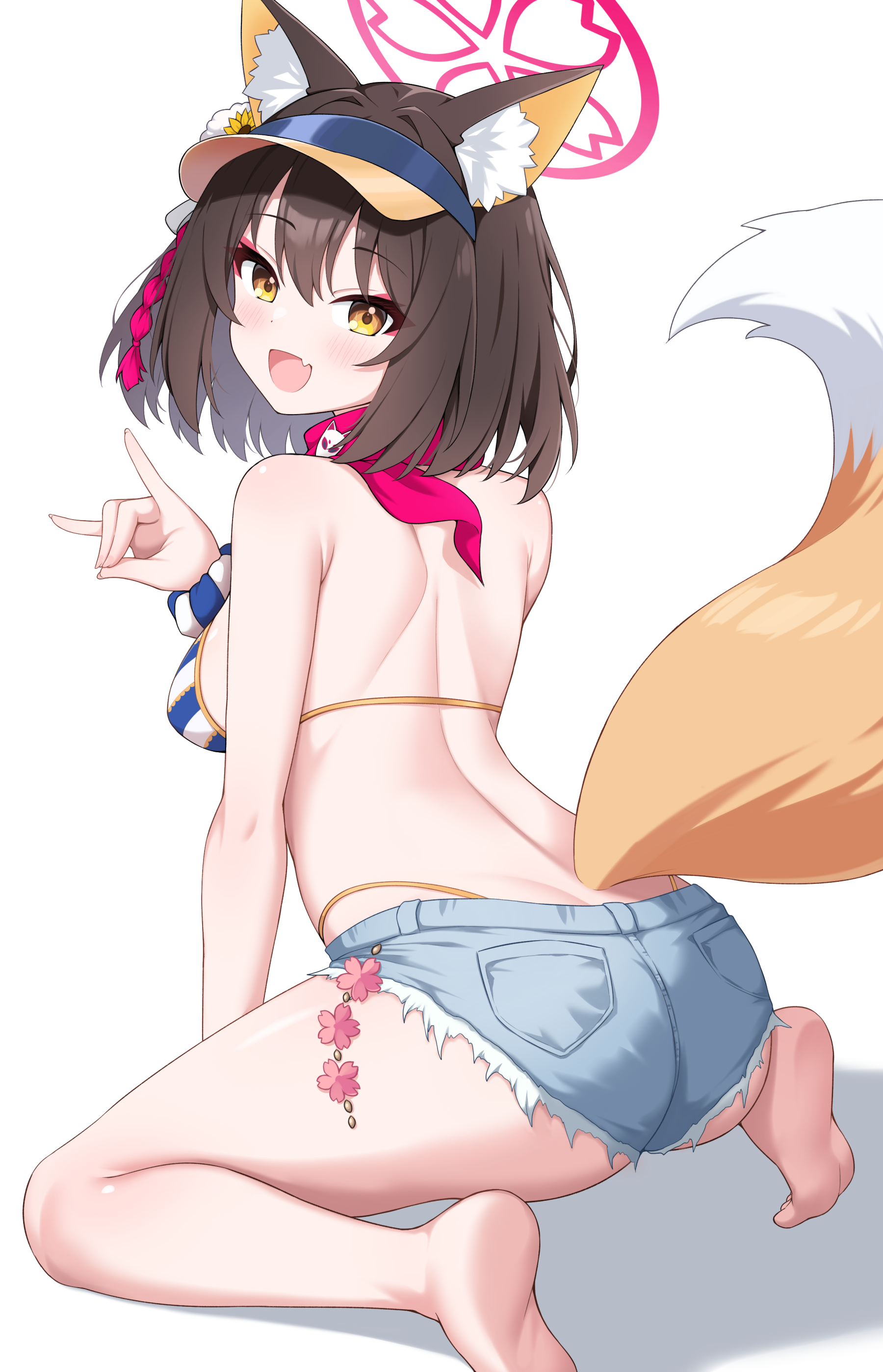 enru, izuna (blue archive), izuna (swimsuit) (blue archive), blue archive, absurdres, commentary, highres, 1girl, animal ears, ass, back, barefoot, bikini, blush, breasts, brown hair, colored inner animal ears, denim, denim shorts, eyeshadow, fang, flower, fox ears, fox girl, fox shadow puppet, fox tail, from behind, grey shorts, hair flower, hair ornament, halo, highleg, highleg bikini, looking at viewer, looking back, makeup, median furrow, micro shorts, open mouth, pink halo, pink scarf, pom pom (clothes), pom pom hair ornament, red eyeshadow, rope, scarf, shimenawa, short hair, shorts, simple background, sitting, skin fang, smile, solo, striped bikini, striped clothes, sunflower, sunflower hair ornament, swimsuit, tail, thighs, visor cap, wariza, white background, yellow eyes