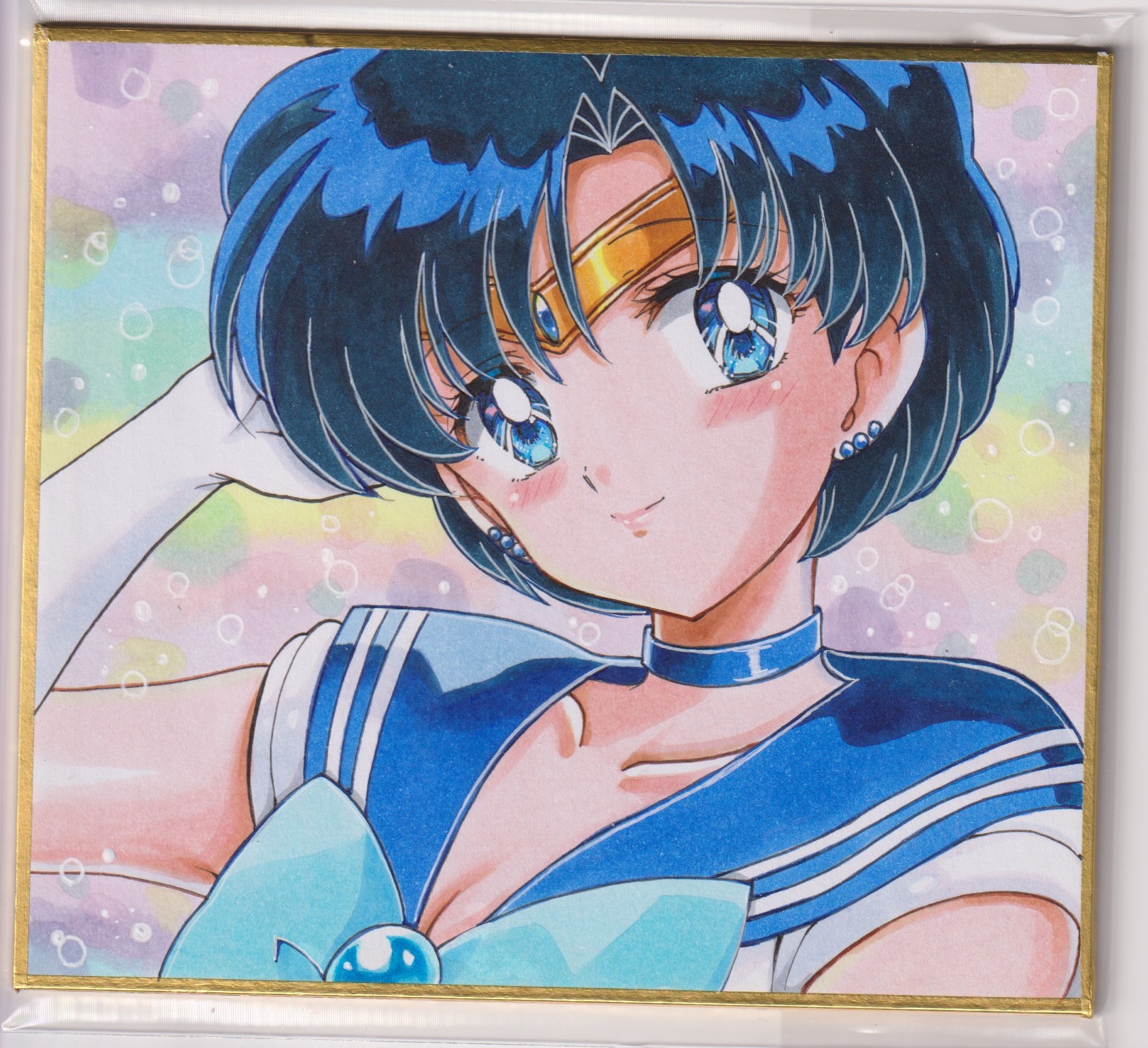 mizuno ami, sailor mercury, bishoujo senshi sailor moon, commentary, highres, traditional media, 1girl, blue bow, blue bowtie, blue choker, blue eyes, blue hair, blue sailor collar, blush, bow, bowtie, breasts, chikoto (kztc4472), choker, cleavage, closed mouth, collarbone, colorful background, elbow gloves, gloves, hand up, looking at viewer, magical girl, parted bangs, portrait, sailor collar, sailor senshi uniform, short hair, smile, solo, white gloves