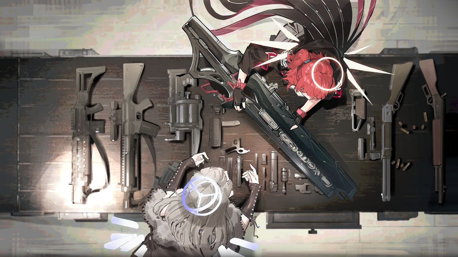 exusiai (arknights), exusiai the new covenant (arknights), arknights, game cg, highres, official art, third-party source, 2girls, black gloves, black jacket, brown hair, brown jacket, bullet, detached sleeves, detached wings, energy wings, fingerless gloves, from above, fur-trimmed jacket, fur trim, gloves, gun, halo, holding, holding gun, holding weapon, hood, hooded jacket, jacket, long hair, multiple girls, one side up, red hair, table, valene (arknights), weapon, wings