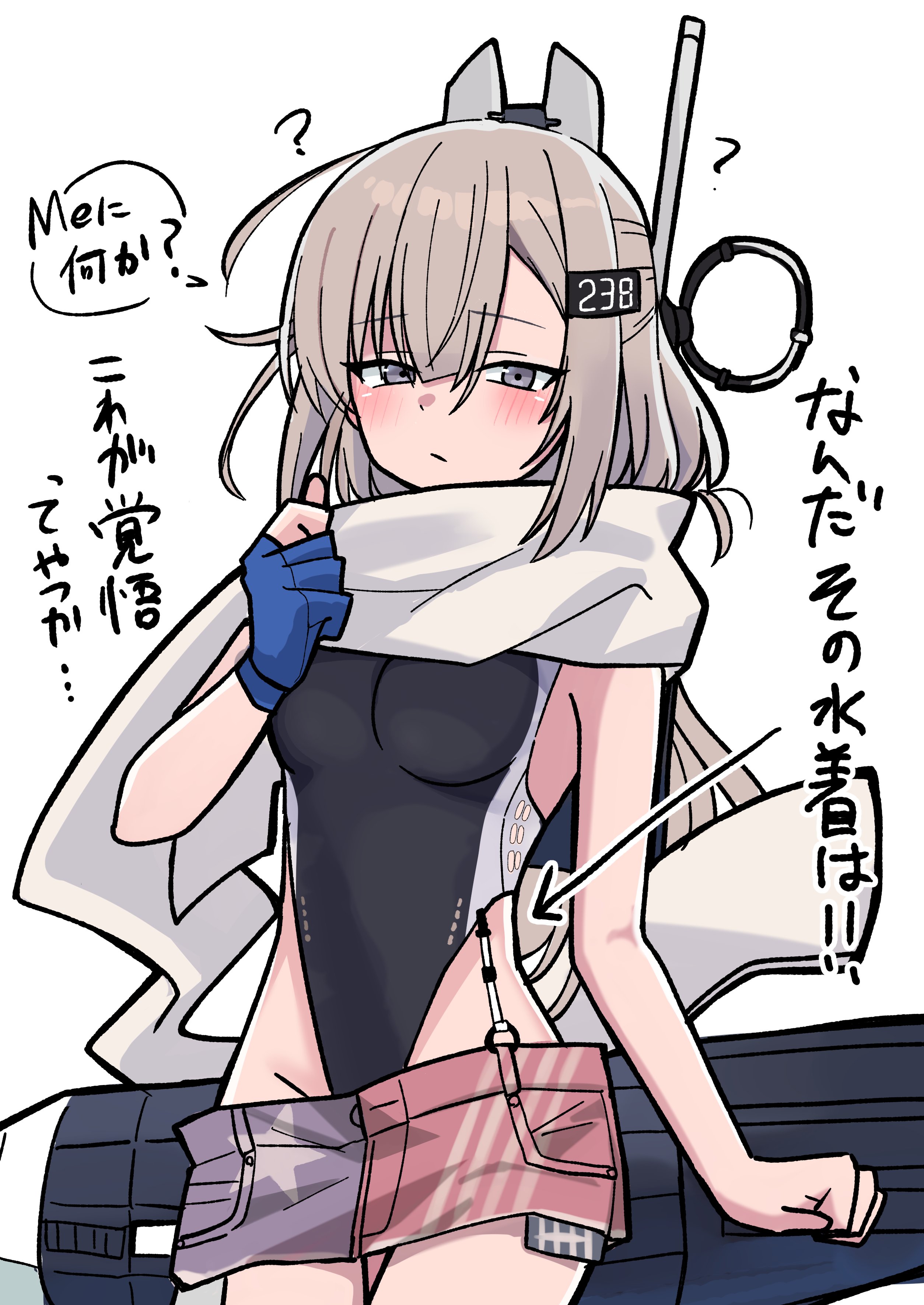 nyanzai-sensei, wahoo (kancolle), kantai collection, absurdres, commentary, highres, translation request, 1girl, ?, american flag, american flag print, black one-piece swimsuit, blue gloves, blush, breasts, brown hair, closed mouth, denim, denim skirt, flag print, gloves, grey eyes, hair between eyes, headgear, highleg, highleg one-piece swimsuit, medium breasts, one-piece swimsuit, red scarf, rigging, scarf, simple background, single glove, skirt, solo, swimsuit, white background, white scarf