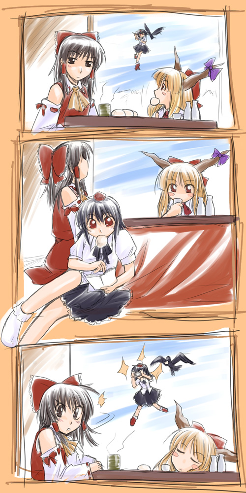 yaji (kitizoto), hakurei reimu, ibuki suika, shameimaru aya, touhou, 3girls, comic, female focus, hat, multiple girls, silent comic, tokin hat