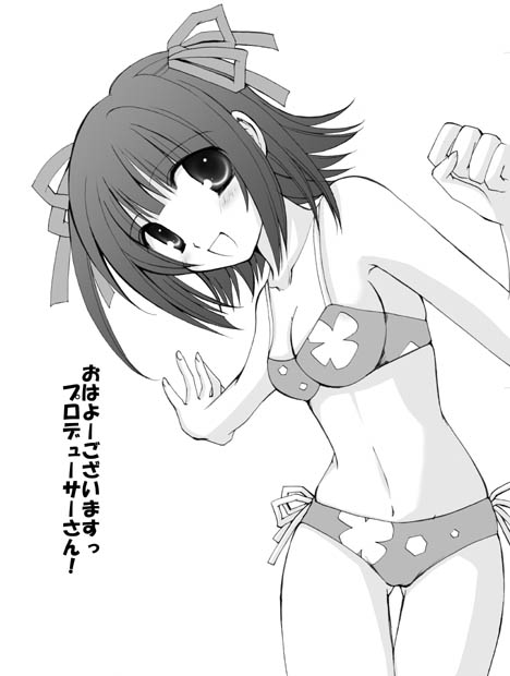 amami haruka, idolmaster, idolmaster (classic), idolmaster 1, translated, 00s, bikini, greyscale, monochrome, short hair, solo, swimsuit