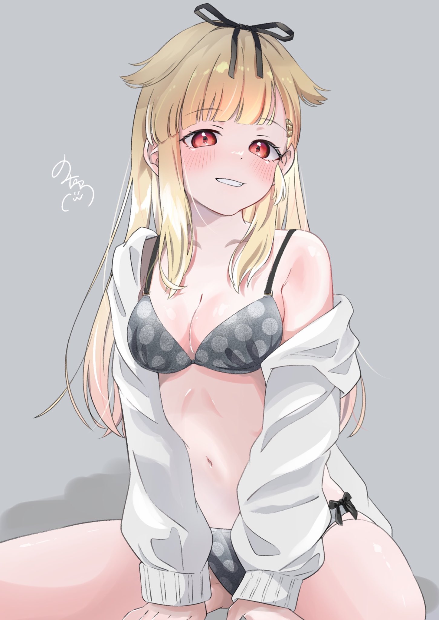 no chi (aka hara), yuudachi (kancolle), yuudachi kai ni (kancolle), kantai collection, commission, highres, skeb commission, 1girl, bikini, black ribbon, blonde hair, blush, breasts, grey background, hair flaps, hair ribbon, jacket, long hair, looking at viewer, medium breasts, off shoulder, open clothes, open jacket, polka dot, polka dot bikini, red eyes, ribbon, simple background, sitting, solo, swimsuit, white jacket