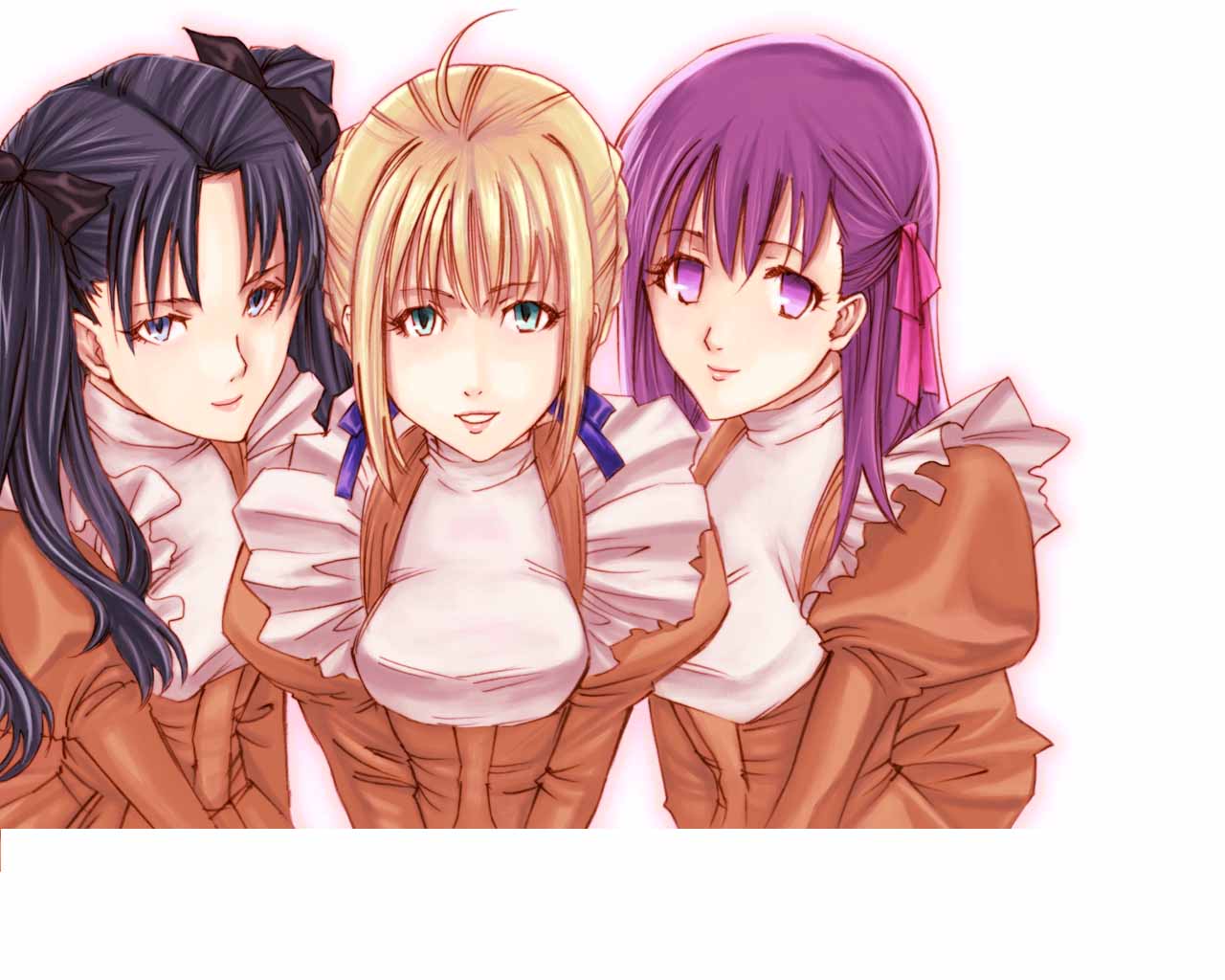 artoria pendragon (fate), matou sakura, saber (fate), tohsaka rin, fate/stay night, fate (series), 00s, 3girls, alternate costume, apron, black hair, blonde hair, blue eyes, green eyes, hair ribbon, maid, maid apron, multiple girls, purple eyes, purple hair, ribbon, simple background, two side up, upper body, waitress, white background