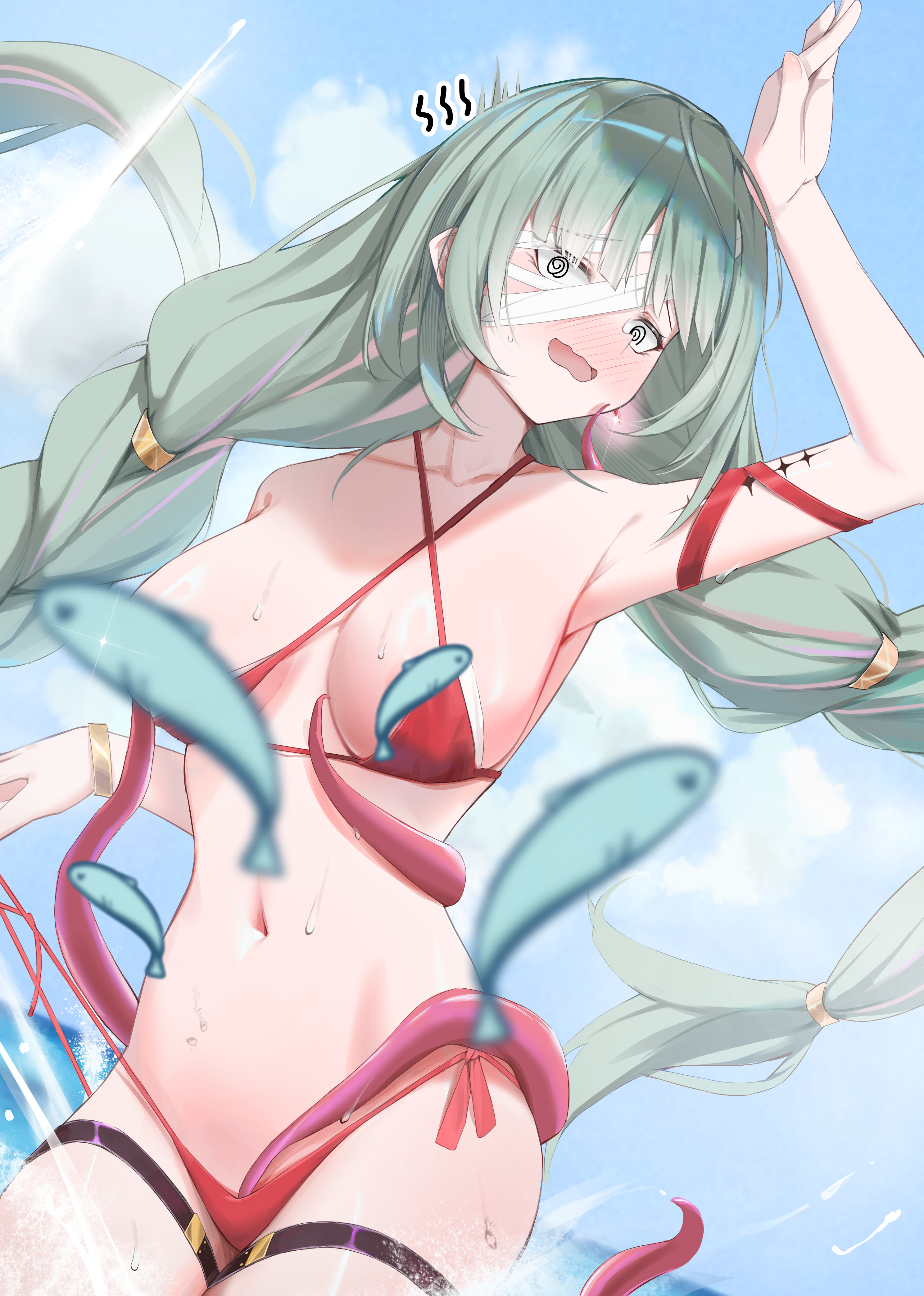 wasami, phrolova (wuthering waves), wuthering waves, absurdres, highres, 1girl, alternate costume, bandages, bare shoulders, bikini, blush, breasts, confused, fish, grey eyes, grey hair, hair ornament, large breasts, long hair, low-braided long hair, low-tied long hair, median furrow, multicolored hair, ocean, open mouth, panties, red bikini, red panties, solo, swimsuit, tacet mark (wuthering waves), tentacles, thighs, underwear