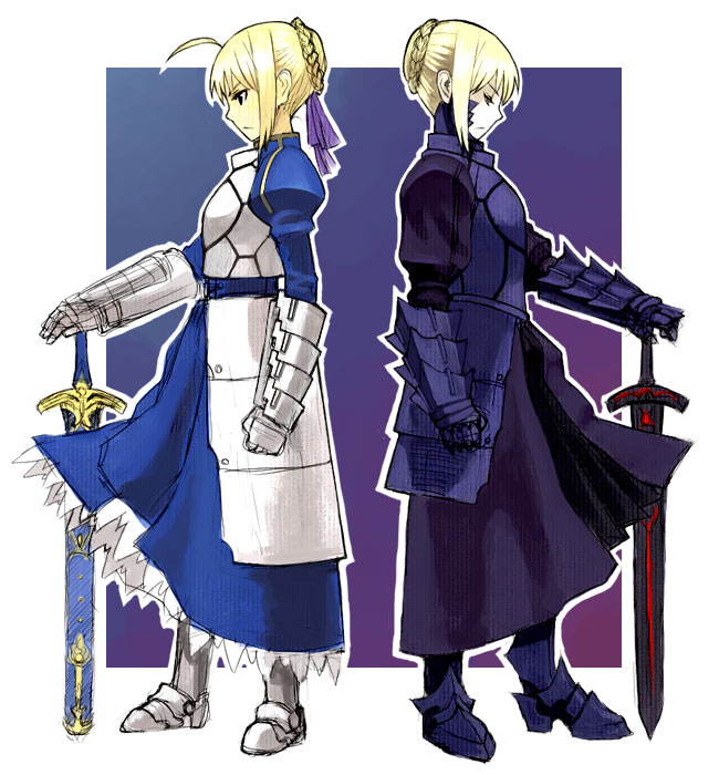 yu 65026, artoria pendragon (fate), saber (fate), saber alter, saber alter (second ascension), fate/stay night, fate (series), 00s, 2girls, armor, armored dress, blonde hair, caliburn (fate), dark persona, darksaber, dress, dual persona, excalibur (fate/stay night), excalibur morgan (fate), faulds, full body, hand on hilt, multiple girls, polar opposites, sheath, sheathed, sword, weapon