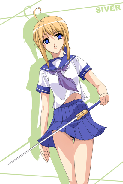 shiikeru, artoria pendragon (fate), saber (fate), fate/stay night, fate (series), 00s, alternate costume, english text, engrish text, pleated skirt, ranguage, school uniform, serafuku, skirt, solo, sword, weapon