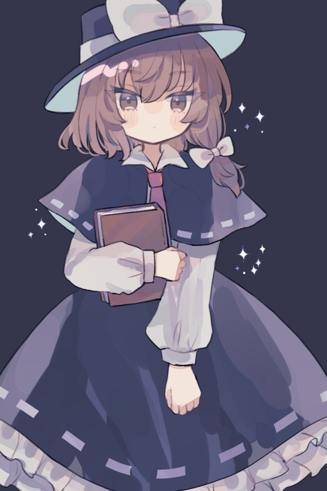 hiyuu (hiyualice), usami renko, touhou, commentary, 1girl, black background, black capelet, black hat, black skirt, book, bow, brown eyes, brown hair, capelet, collared shirt, cowboy shot, hair bow, hat, hat bow, hat ribbon, holding, holding book, long hair, long sleeves, looking at viewer, necktie, red necktie, ribbon, ribbon-trimmed capelet, ribbon-trimmed skirt, ribbon trim, shirt, skirt, solo, white bow, white ribbon, white shirt